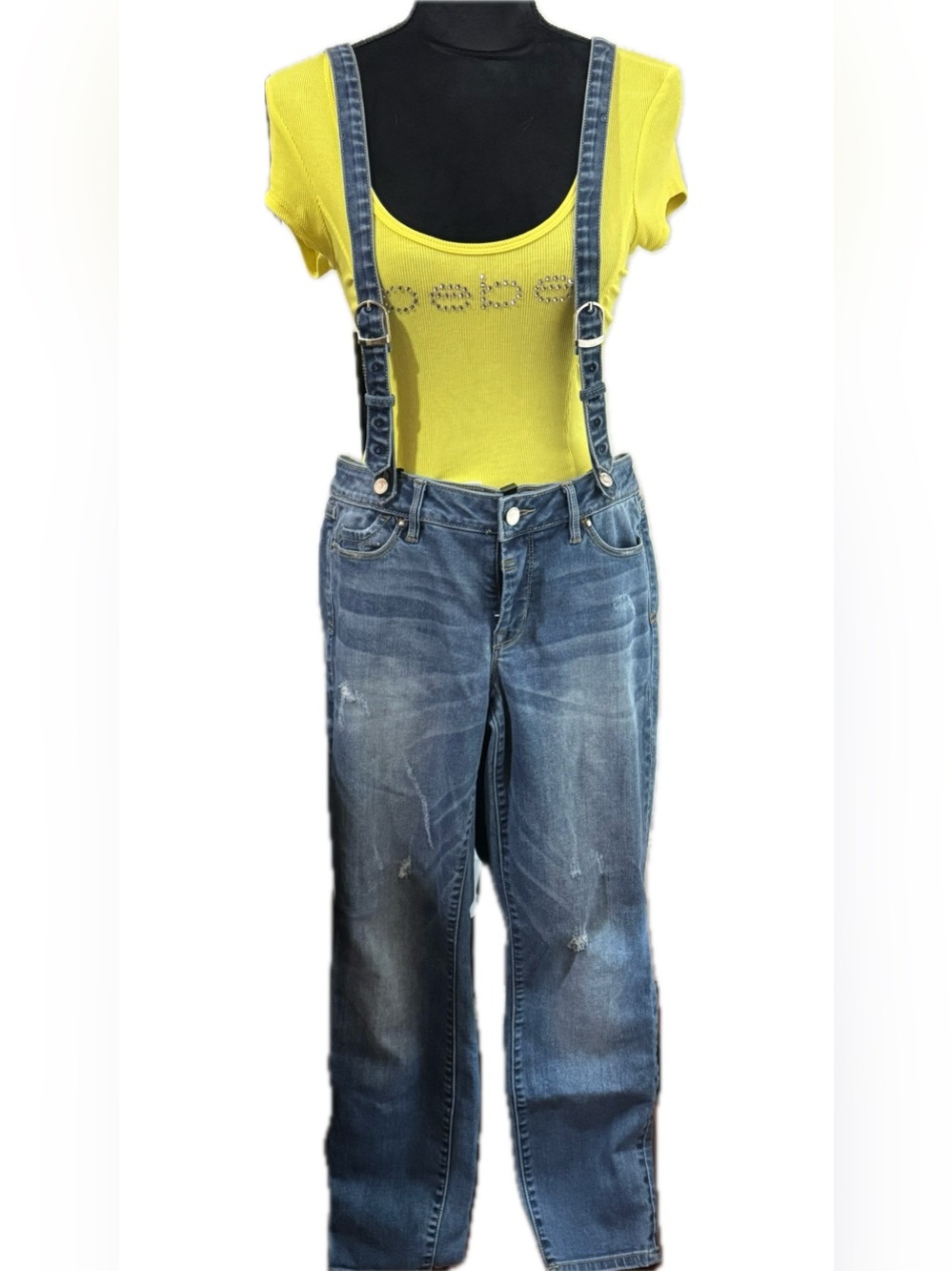 Bebe Rare Vintage mid rise  Distressed Denim Coveralls Suspenders Jeans Size 28
